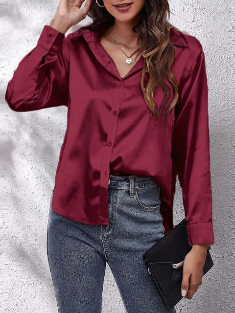 Women's Long-Sleeve Satin Blouse: Elegant & Versatile Top