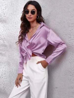 Women's Long-Sleeve Satin Blouse: Elegant & Versatile Top