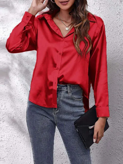 Women's Long-Sleeve Satin Blouse: Elegant & Versatile Top